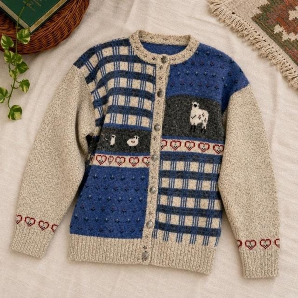 Vintage Eddie Bauer Sheep Patchwork Wool Cardigan Sweater Women's M